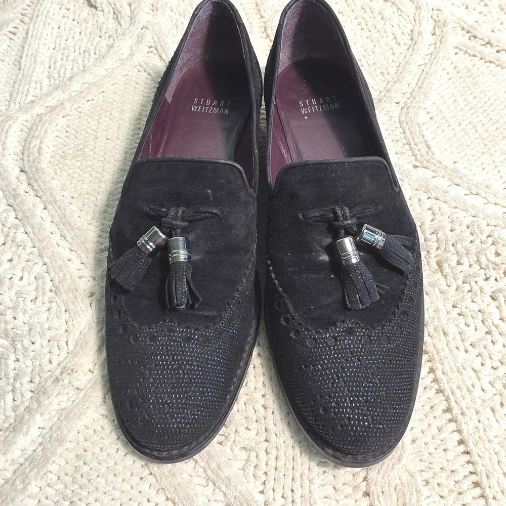 VTG Stuart Weitzman Tassel Loafers Black Suede Brogue‎ Womens 7.5 M Excellent